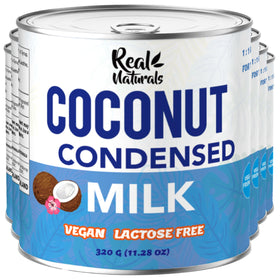 Real Naturals sweetened condensed coconut milk bottle pour for dairy-free sweetness