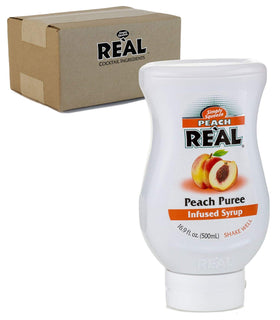 Real Peach Infused Syrup bottle close-up, ideal for flavoring coffee or desserts.