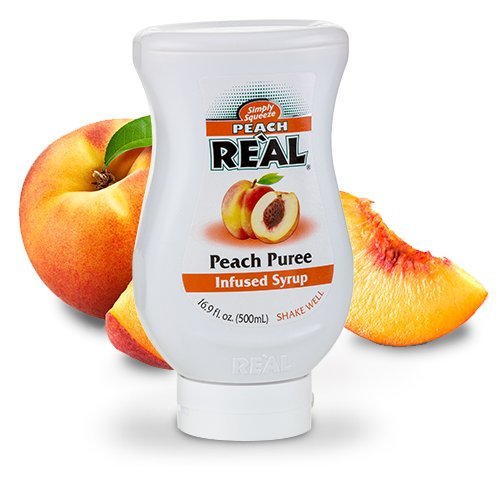 Real Peach Infused Syrup pour over glass, great for beverages and toppings.