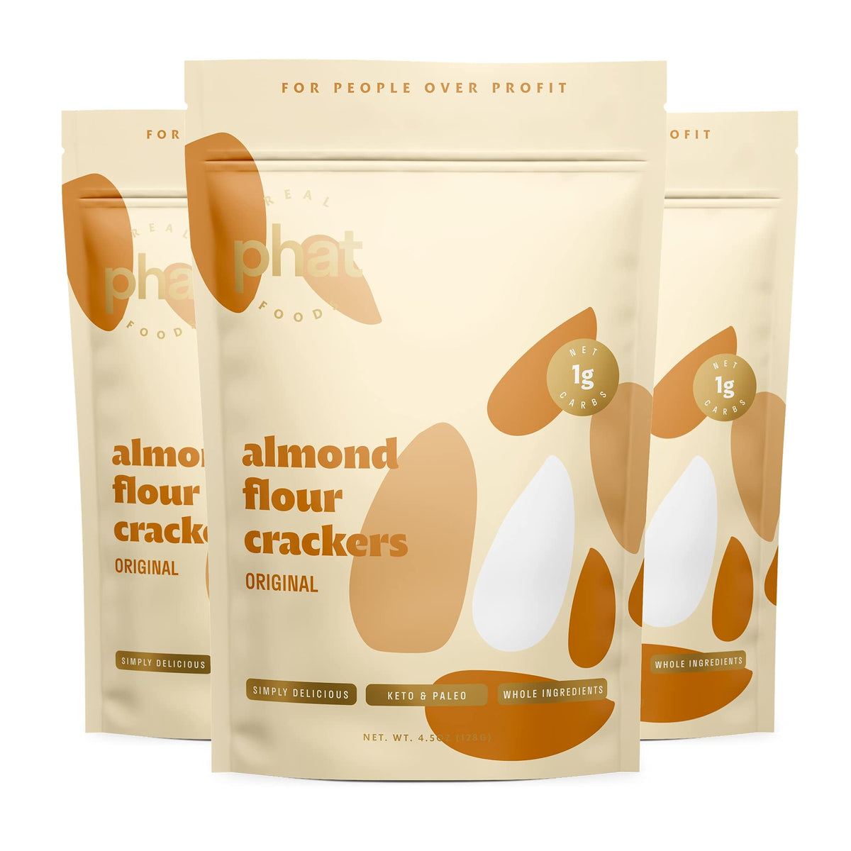 Real Phat Foods Original almond flour crackers 3-pack box front, keto-friendly snack.