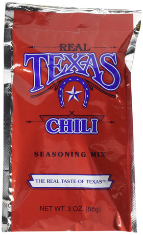 Real Texas Chili Seasoning bottle pouring to flavor hearty meals