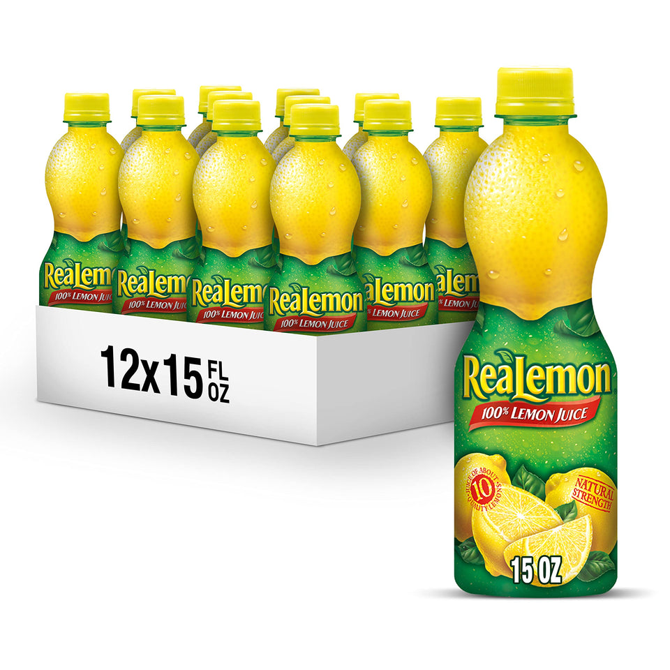 ReaLemon 100% lemon juice bottle front view for convenient flavor.
