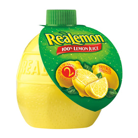 Realemon bottle pouring lemon juice highlighting convenience and fresh flavor.