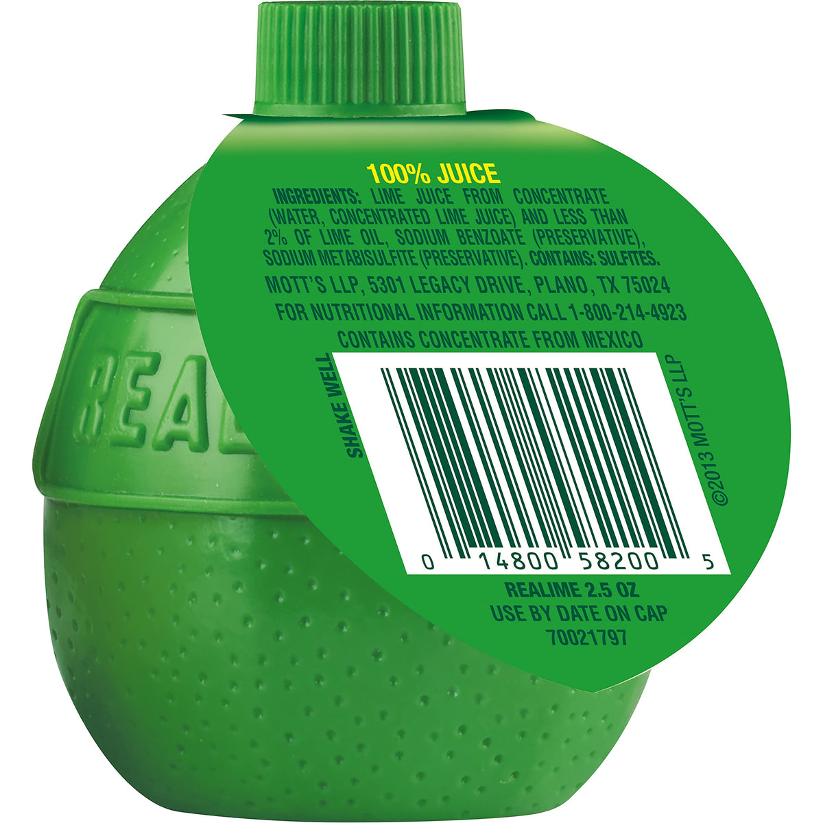 Realime lime juice glass bottle on counter adds fresh brightness to beverages.