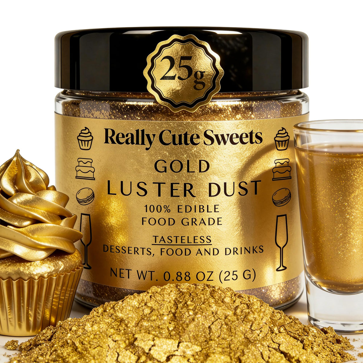 Really Cute Sweets edible gold luster dust bulk 25g for frequent use and projects.