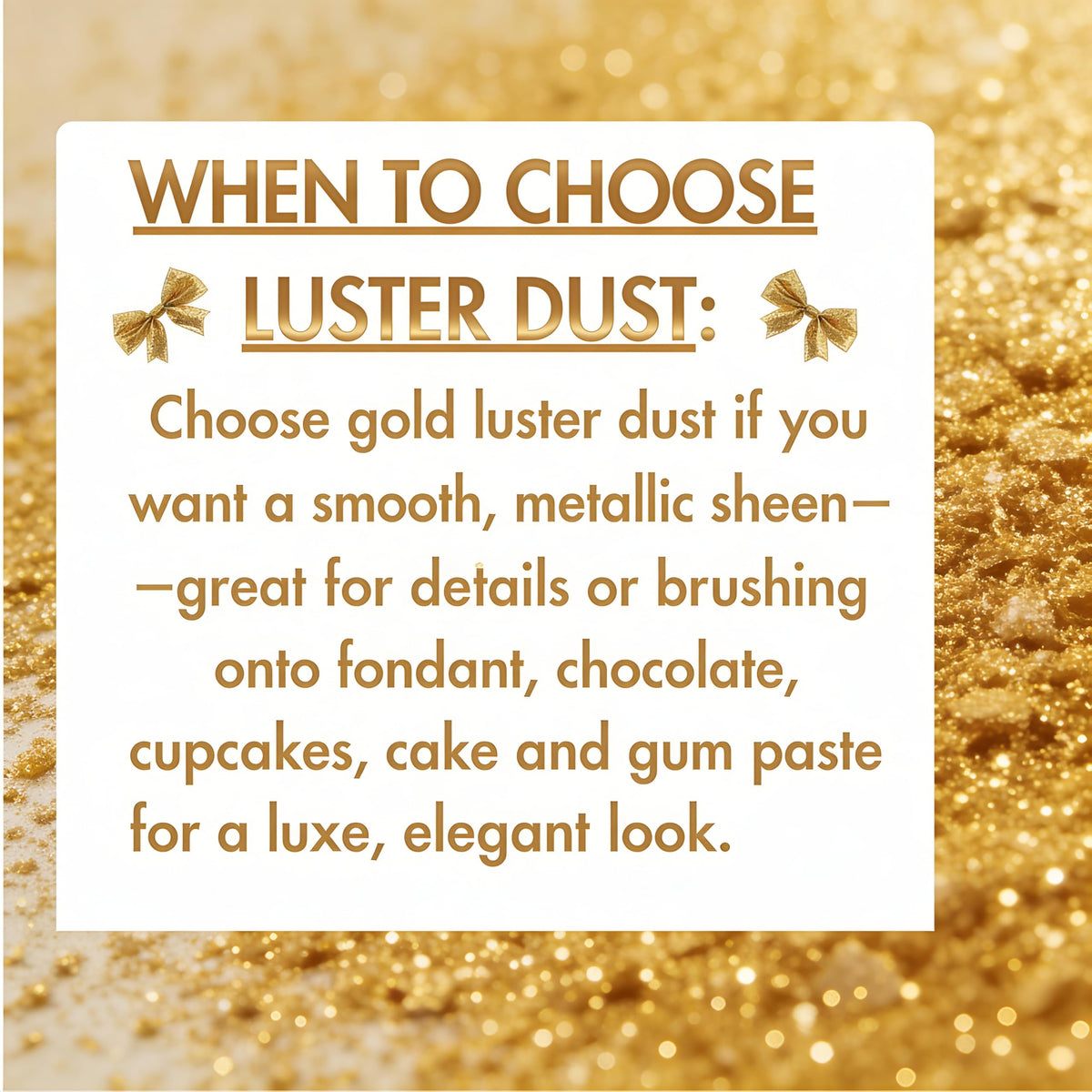 Really Cute Sweets edible gold luster dust is ideal for dusting and finishing.