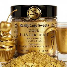 Really Cute Sweets edible gold luster dust jar adds shimmering metallic finish to desserts.