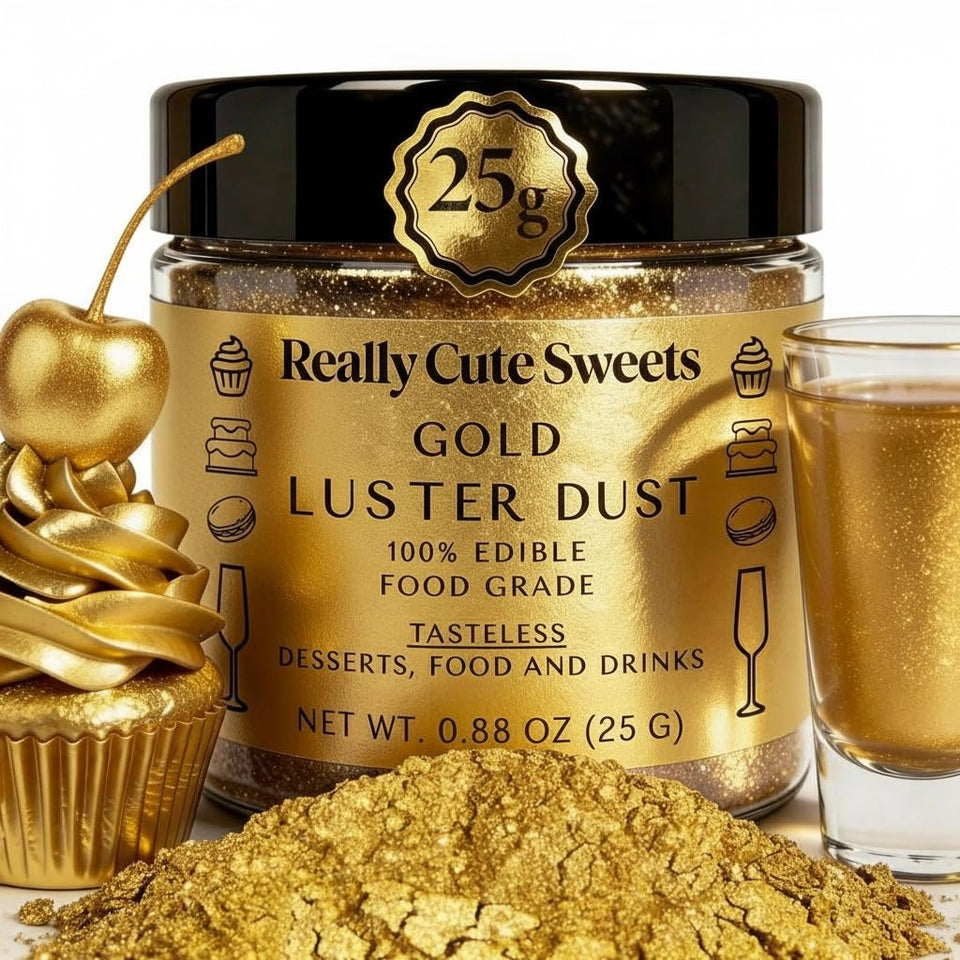Really Cute Sweets edible gold luster dust jar adds shimmering metallic finish to desserts.