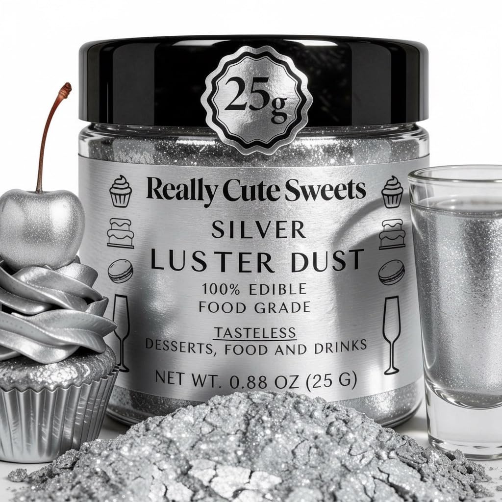 Really Cute Sweets edible silver luster dust package for a sparkling finish on cakes