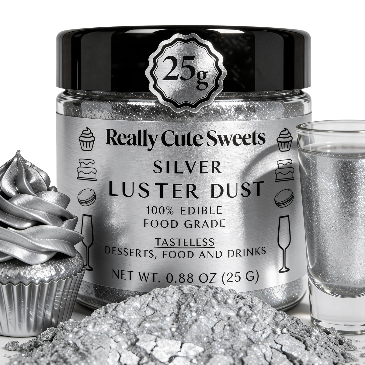 Really Cute Sweets edible silver luster dust adds vivid shimmer to drinks and desserts