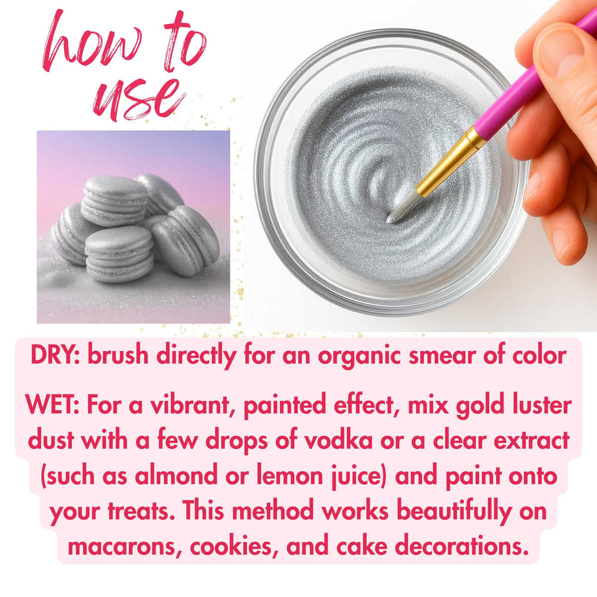 Really Cute Sweets edible silver luster dust sprinkles shine on pastries without aftertaste