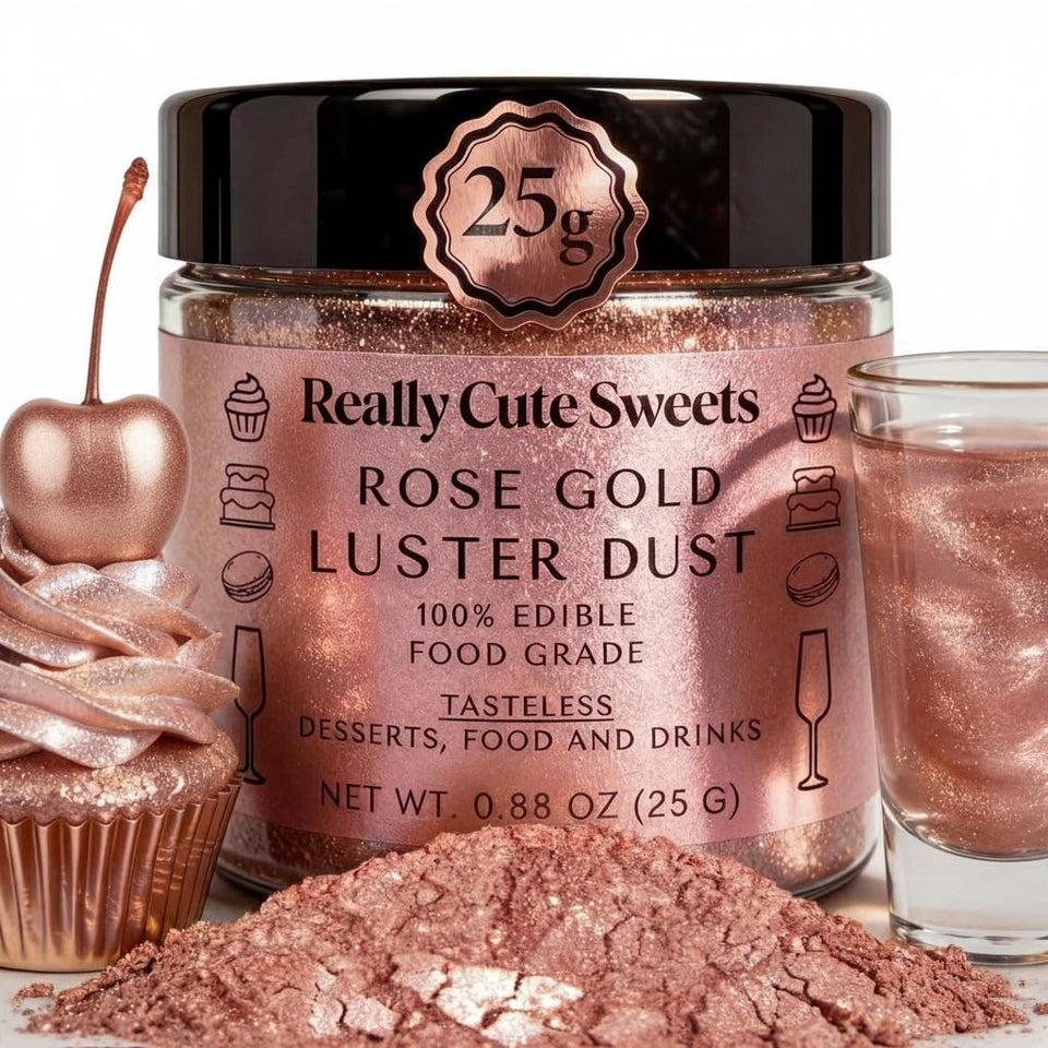 Really Cute Sweets rose gold dust bulk 25g adds a shimmering finish to cakes and desserts.