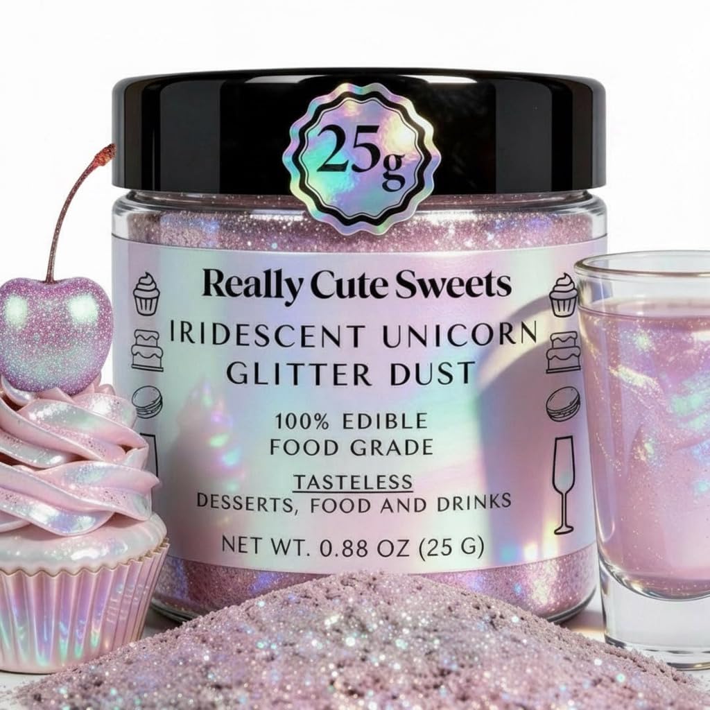 Really Cute Sweets unicorn dust bottle pour enhances desserts with iridescent shimmer.