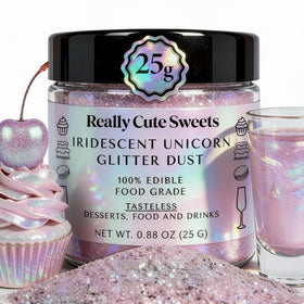 Really Cute Sweets unicorn dust bottle pour enhances desserts with iridescent shimmer.