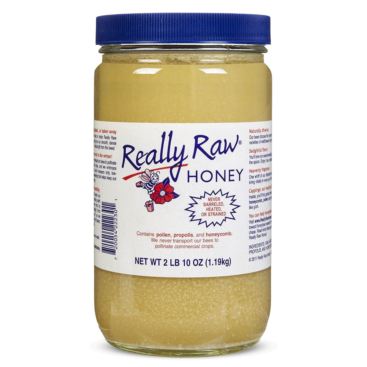 Really Raw Honey jar shows honeycomb and pollen inclusions, highlighting natural richness.