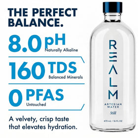 REALM Artesian Water 12-pack display showing pristine artesian purity.