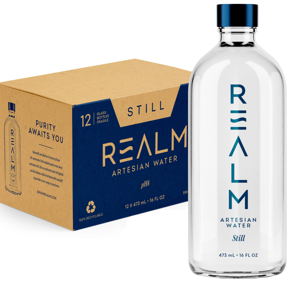 REALM Artesian Water 16oz glass bottle front view for everyday hydration.