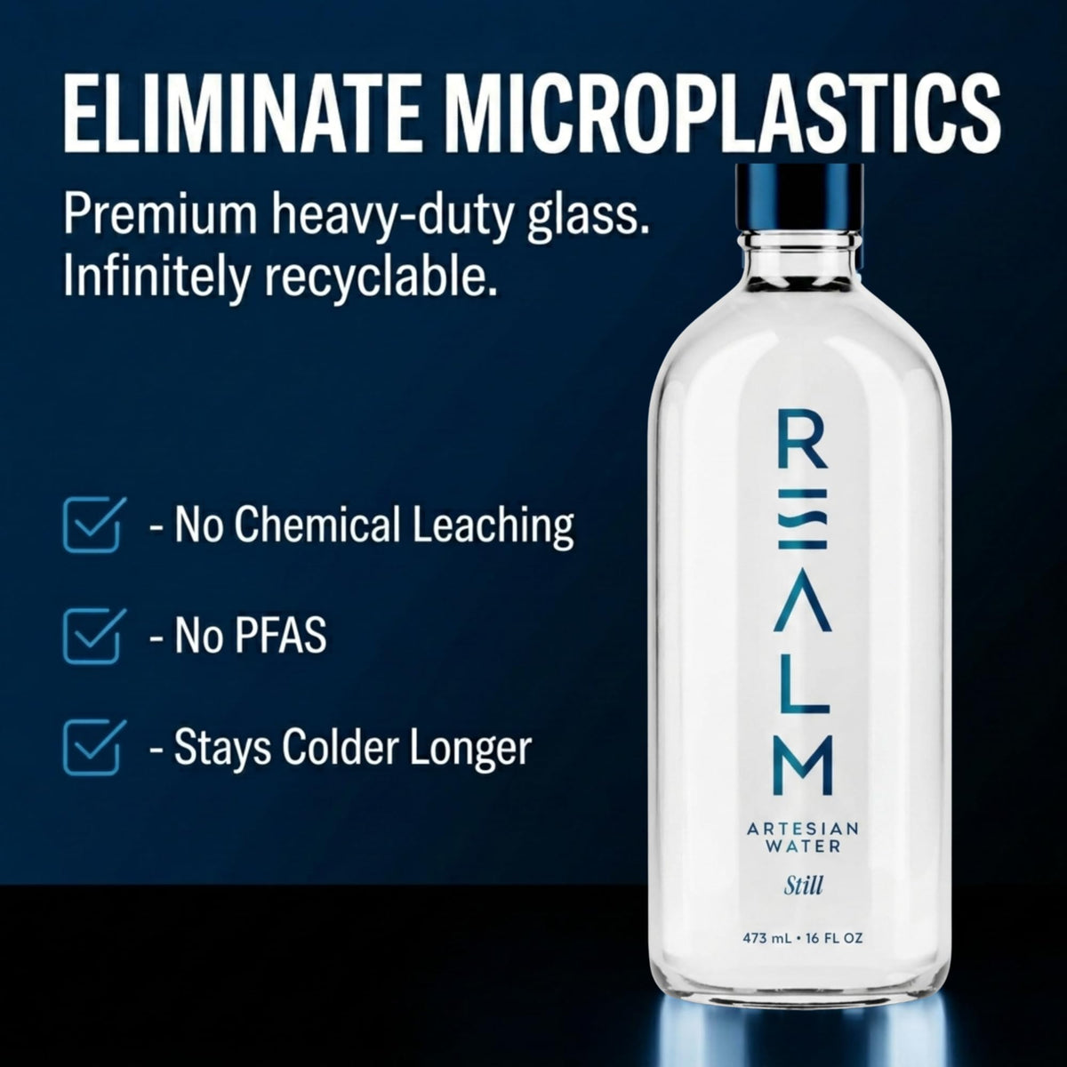 REALM Artesian Water bottle pour capturing smooth taste and oxygen-rich feel.