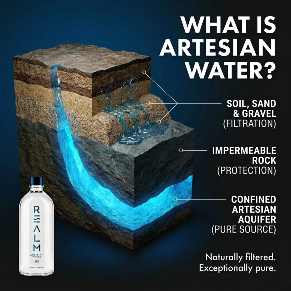 REALM Artesian Water glass closeup highlighting clear, mineral-balanced profile.