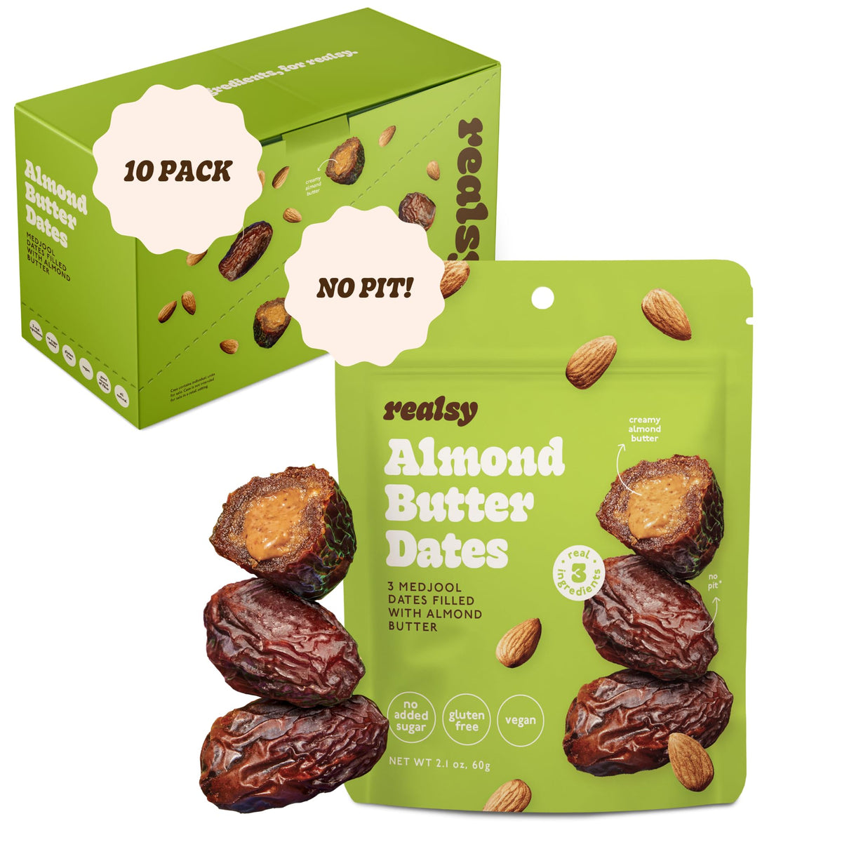 Realsy almond butter stuffed Medjool dates on-the-go pack for a healthy snack