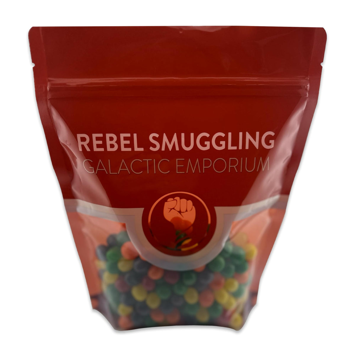 Rebel Smuggling Fruit Sours texture closeup emphasizing chewy centers and glossy coating.