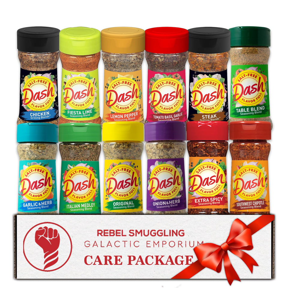 Rebel Smuggling Galactic Emporium salt-free 12-pack bottle display showcases variety for meal seasoning
