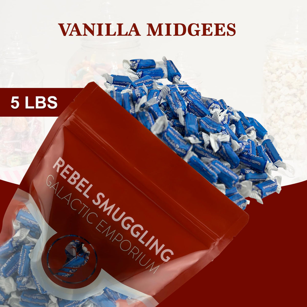 Rebel Smuggling Vanilla Midgees blue candies, individually wrapped for easy Halloween distribution