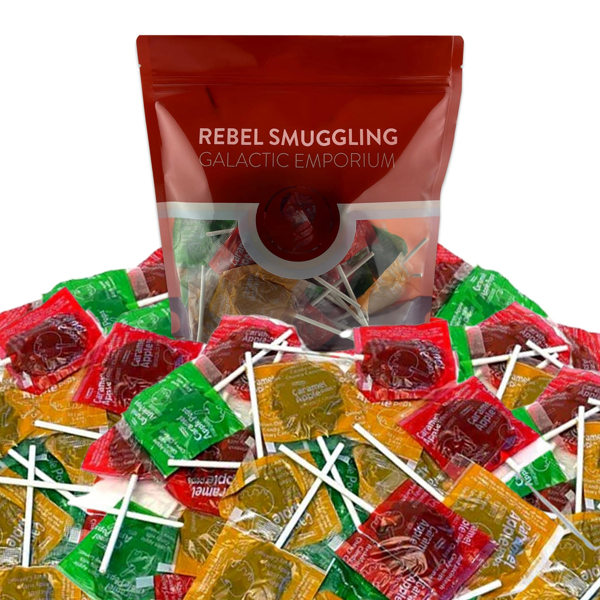 Rebel Smuggling Galactic Emporium orchard apple caramel lollipops in bulk packaging for easy gifting