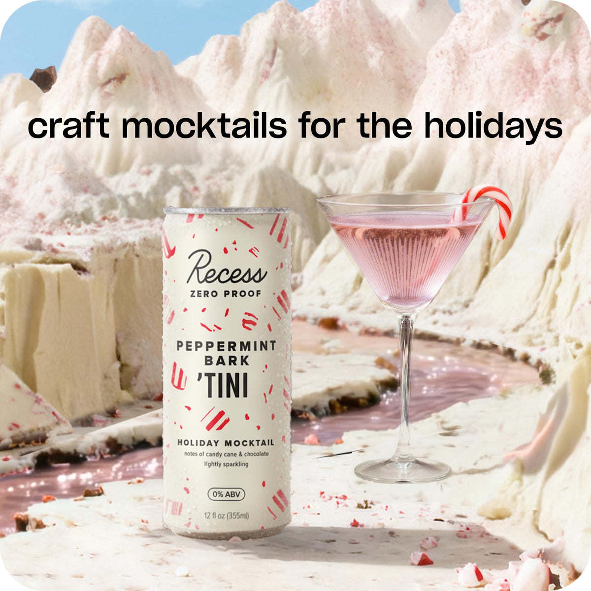 Recess Zero Proof Peppermint Bark Tini bottle pour captures sparkling mocktail moment.