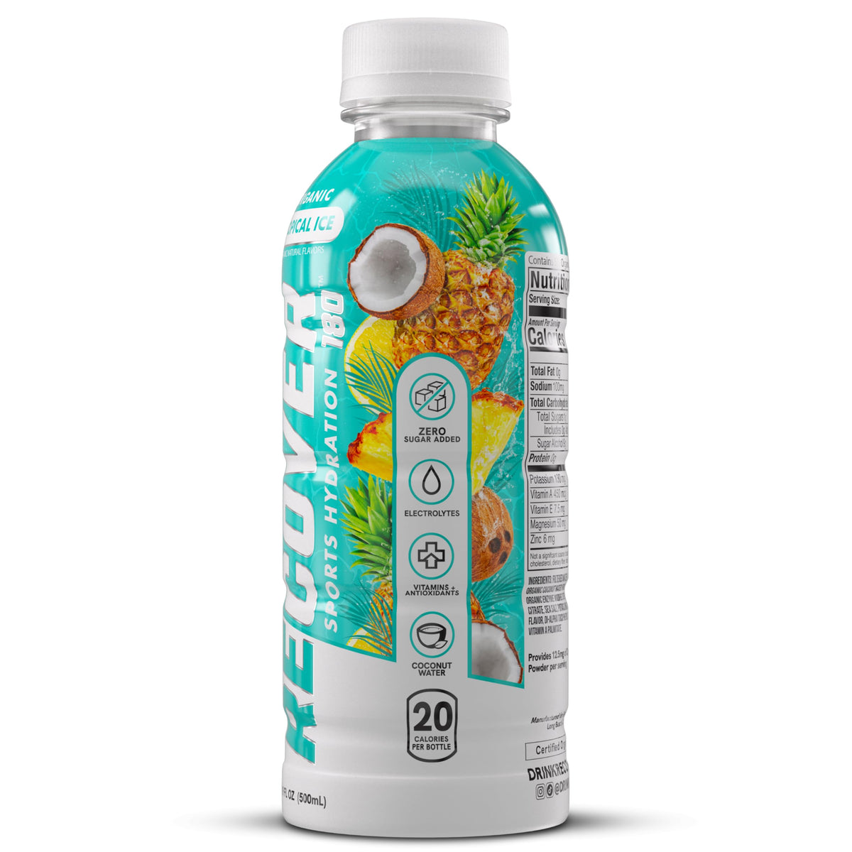 RECOVER 180 electrolyte bottle with vitamins emphasizing potassium-packed electrolytes for balanced hydration.