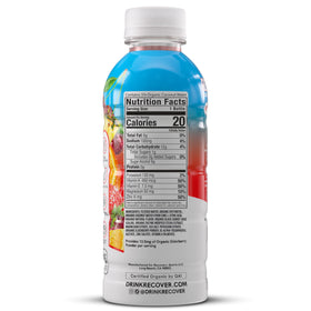 RECOVER 180 fruit punch flavor bottle emphasizes zero sugar, low calories for hydration.