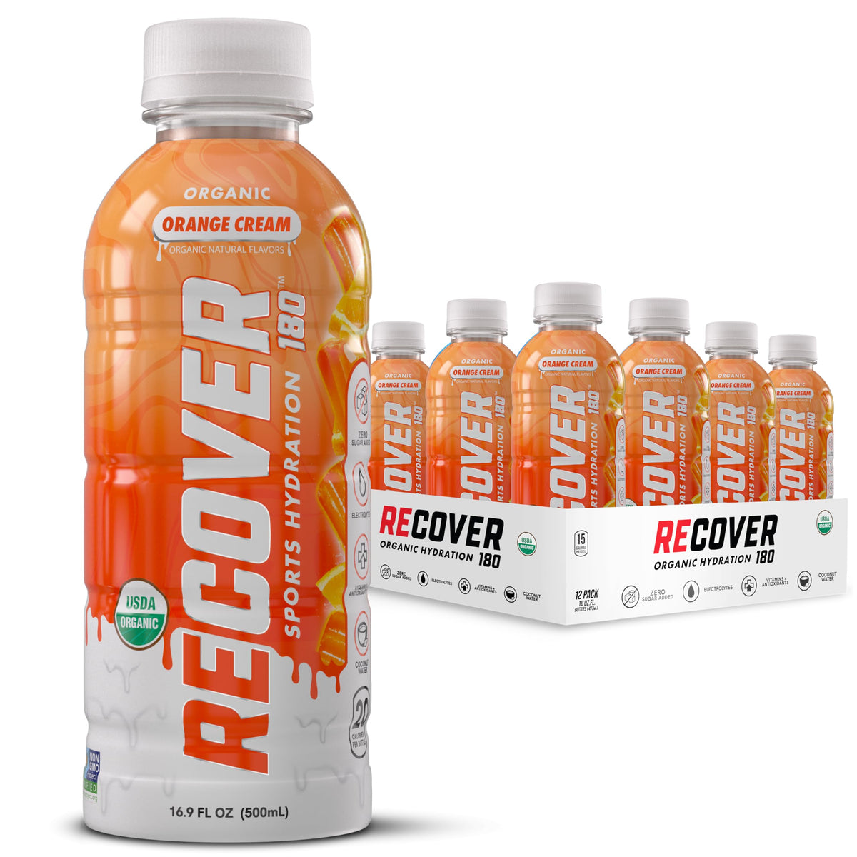 RECOVER 180 Orange Cream bottle being poured for fast hydration during workouts.