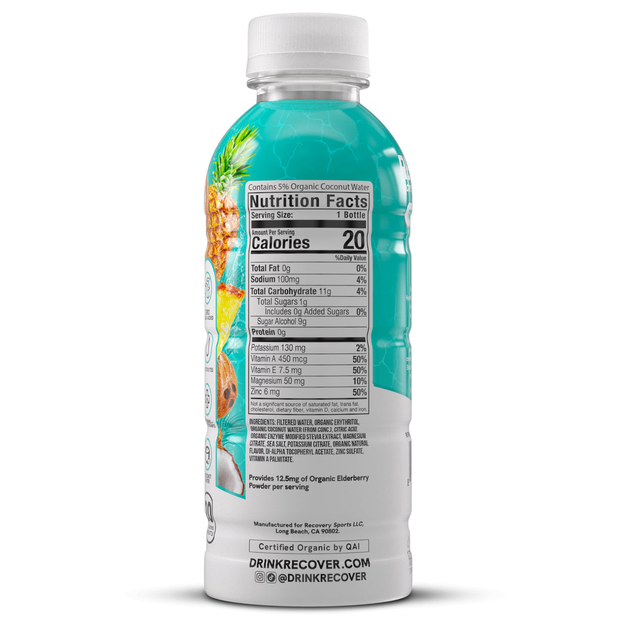 RECOVER 180 organic coconut water blend with antioxidants highlighted for recovery-supporting refreshment.