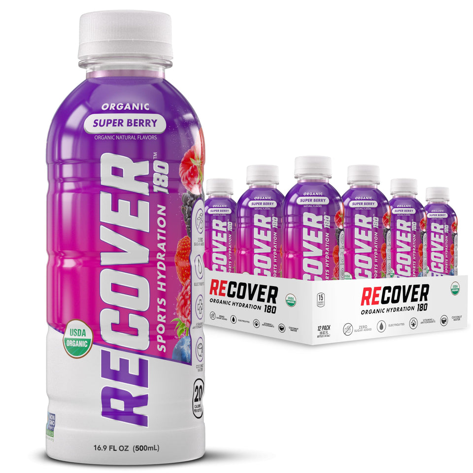 RECOVER 180 Organic Sports Hydration bottle with electrolyte blend for workouts.