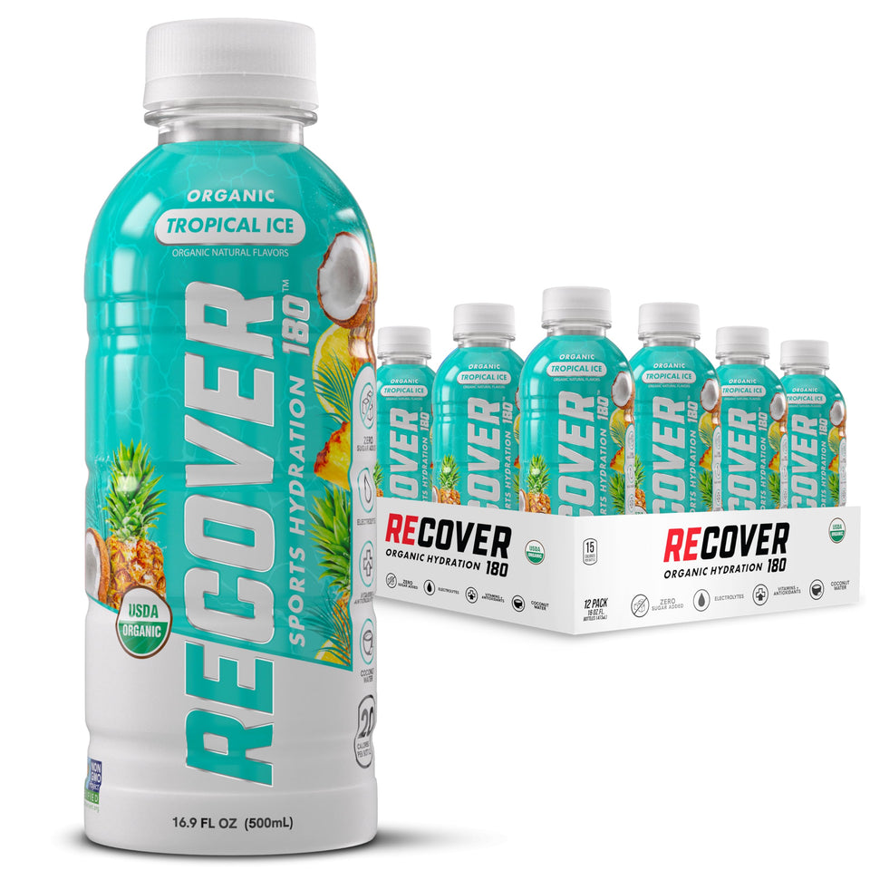 RECOVER 180 Organic Sports Hydration bottle with tropical ice flavor for steady hydration during workouts.