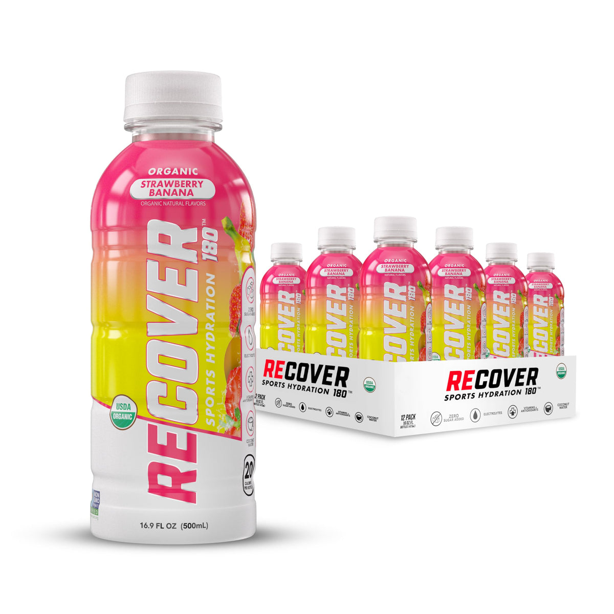 RECOVER 180 bottle in strawberry banana flavor for on-the-go hydration