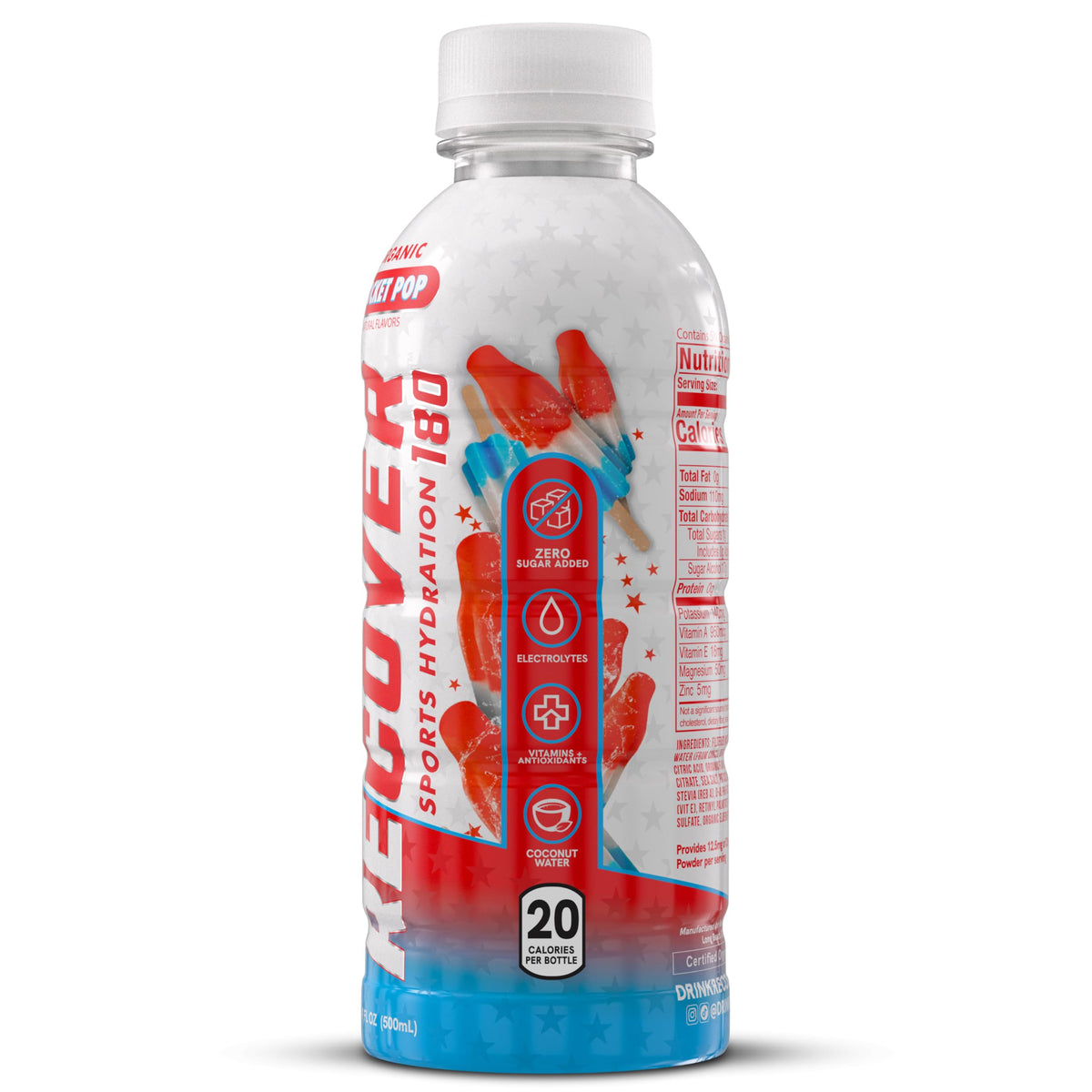 RECOVER 180 12-pack image highlights convenient, no sugar, 20 calorie hydration for athletes.