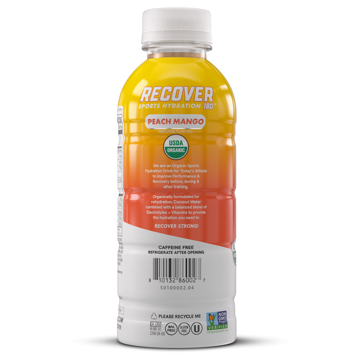 RECOVER 180 Peach Mango bottle back nutrition panel detailing electrolytes and vitamins.