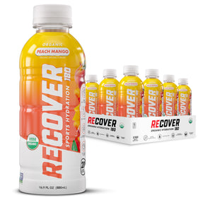 RECOVER 180 Peach Mango bottle front showing organic hydration for workouts.