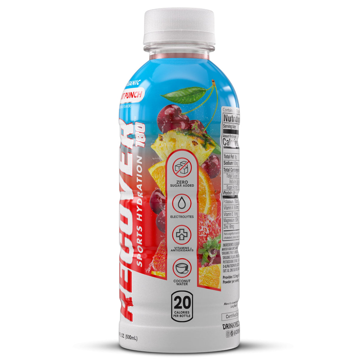 RECOVER 180 potassium electrolytes label highlights quick electrolyte replenishment after activity.