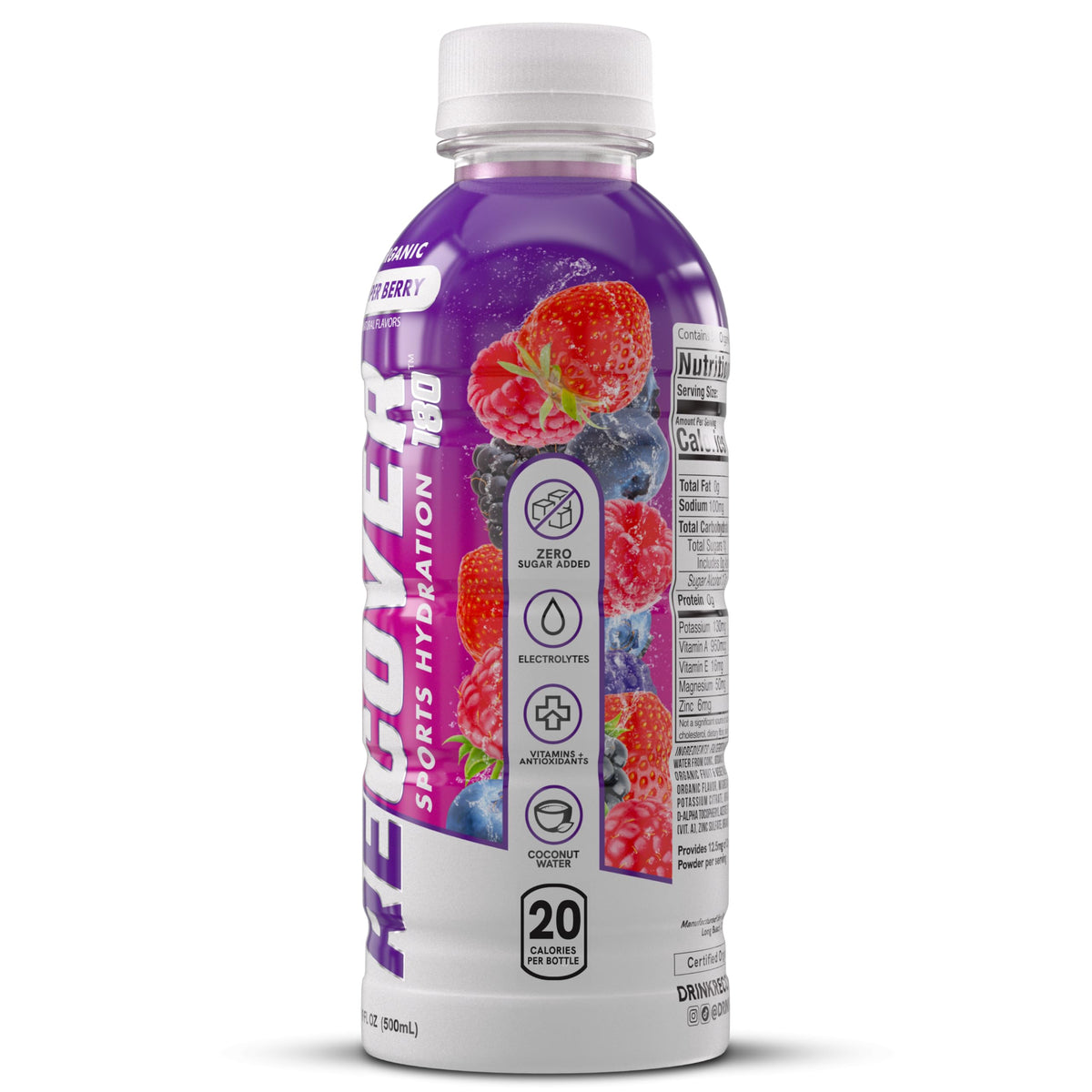 RECOVER 180 bottle label emphasizes potassium-packed electrolytes and vitamins for recovery.