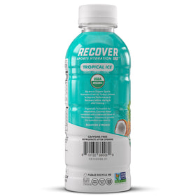 RECOVER 180 poured into glass highlighting no sugar and 20 calories per bottle.