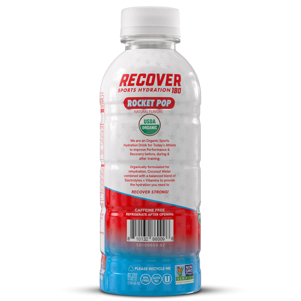 RECOVER 180 Rocket Pop close-up highlights coconut water blend and vitamins for recovery support.