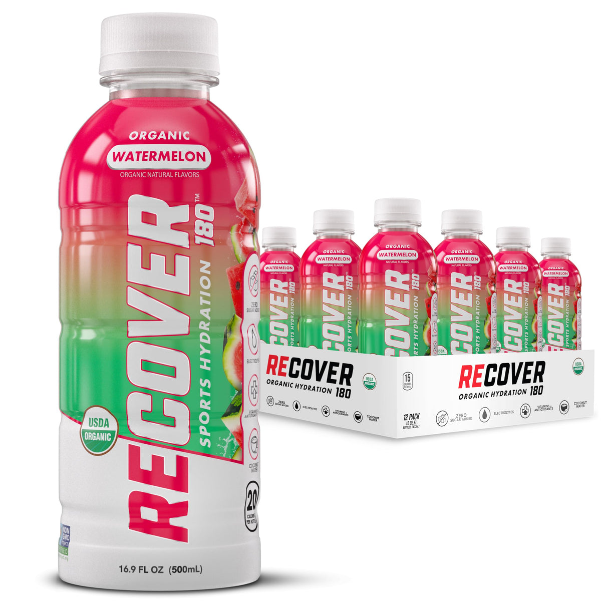 RECOVER 180 Watermelon bottle close-up showing organic hydration with electrolytes for athletes