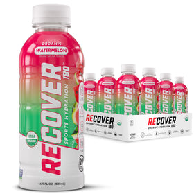 RECOVER 180 Watermelon bottle close-up showing organic hydration with electrolytes for athletes