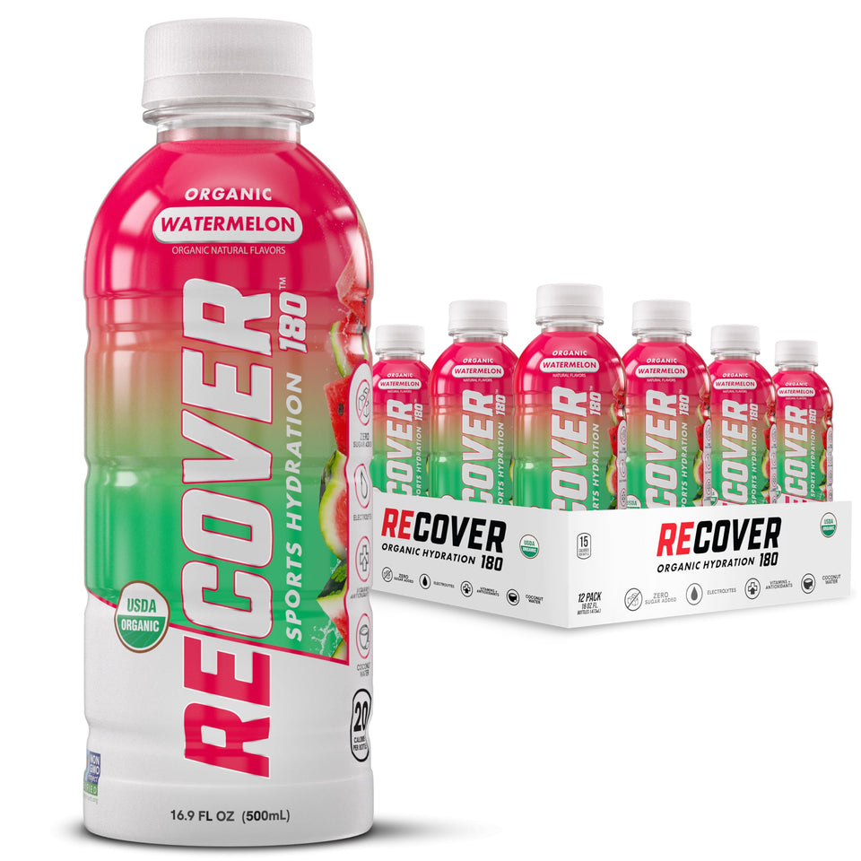 RECOVER 180 Watermelon bottle close-up showing organic hydration with electrolytes for athletes