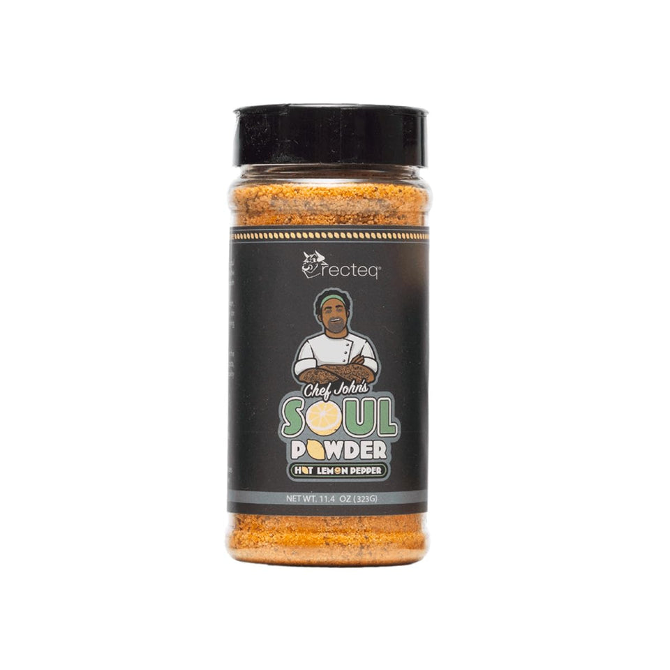 recteq Chef John's Soul Powder bottle pour demonstrates versatile lemon pepper rub for grilling.