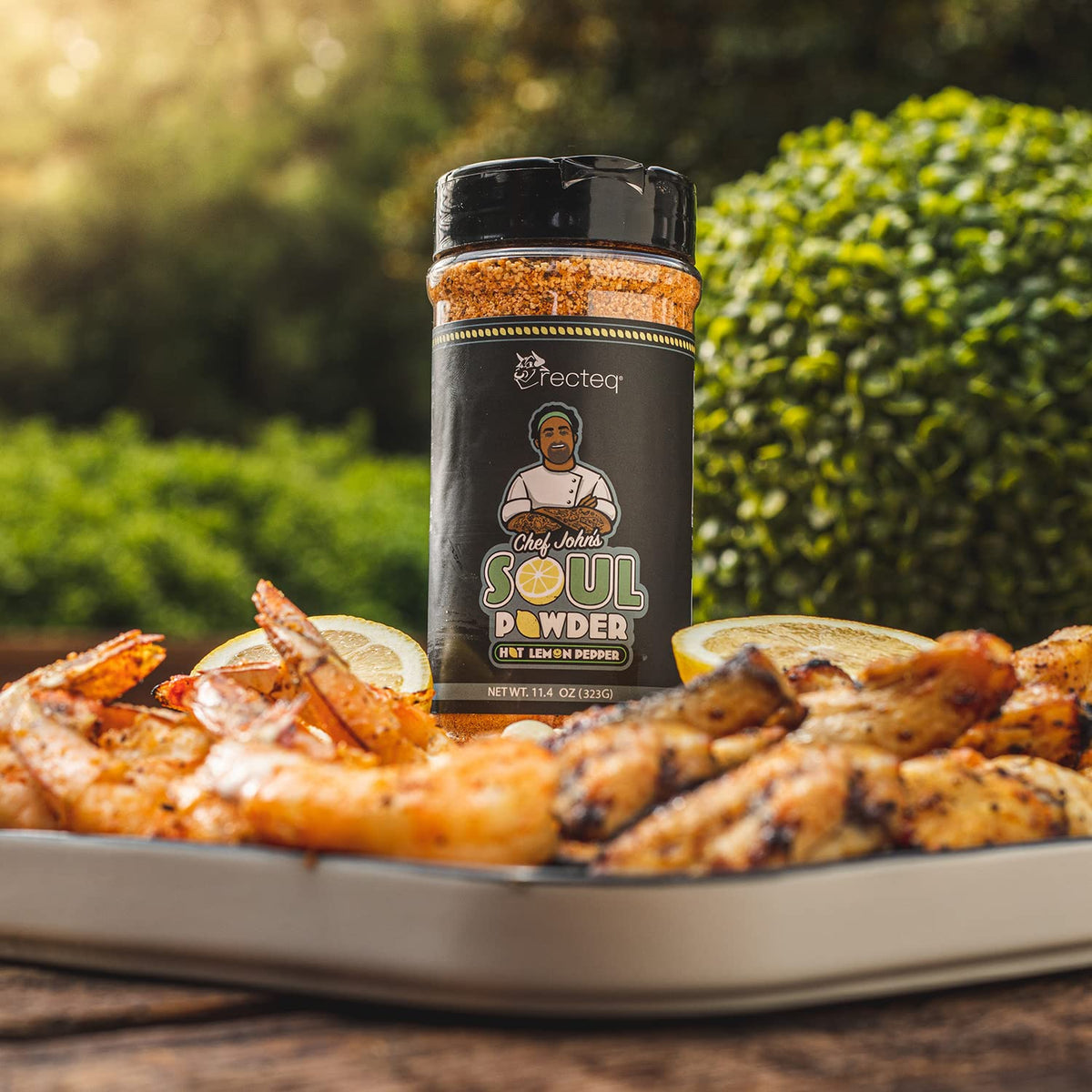 recteq Chef John's Soul Powder grilled meat shot captures sizzling aroma and flavor boost.
