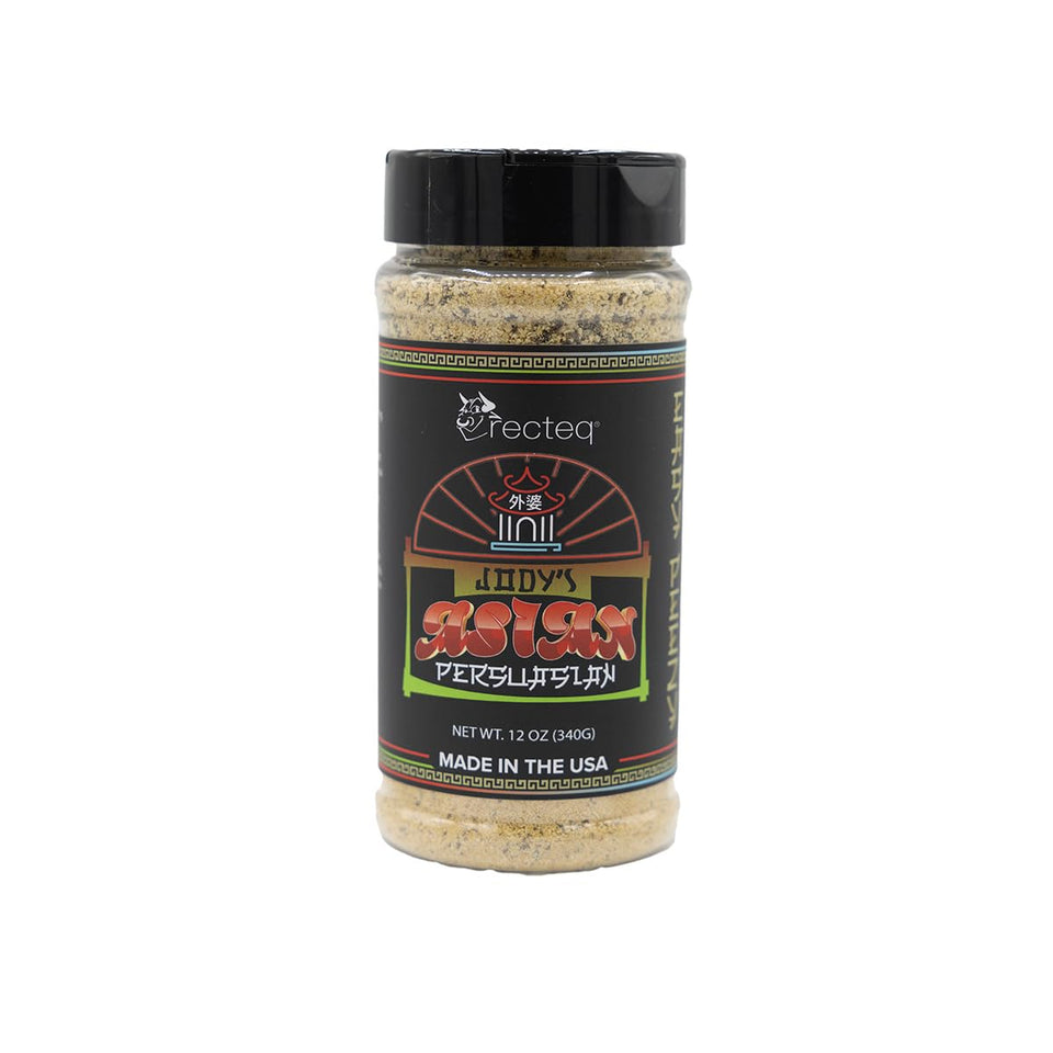 Recteq Jody's Asian Persuasion Rub bottle with smoky ginger warmth