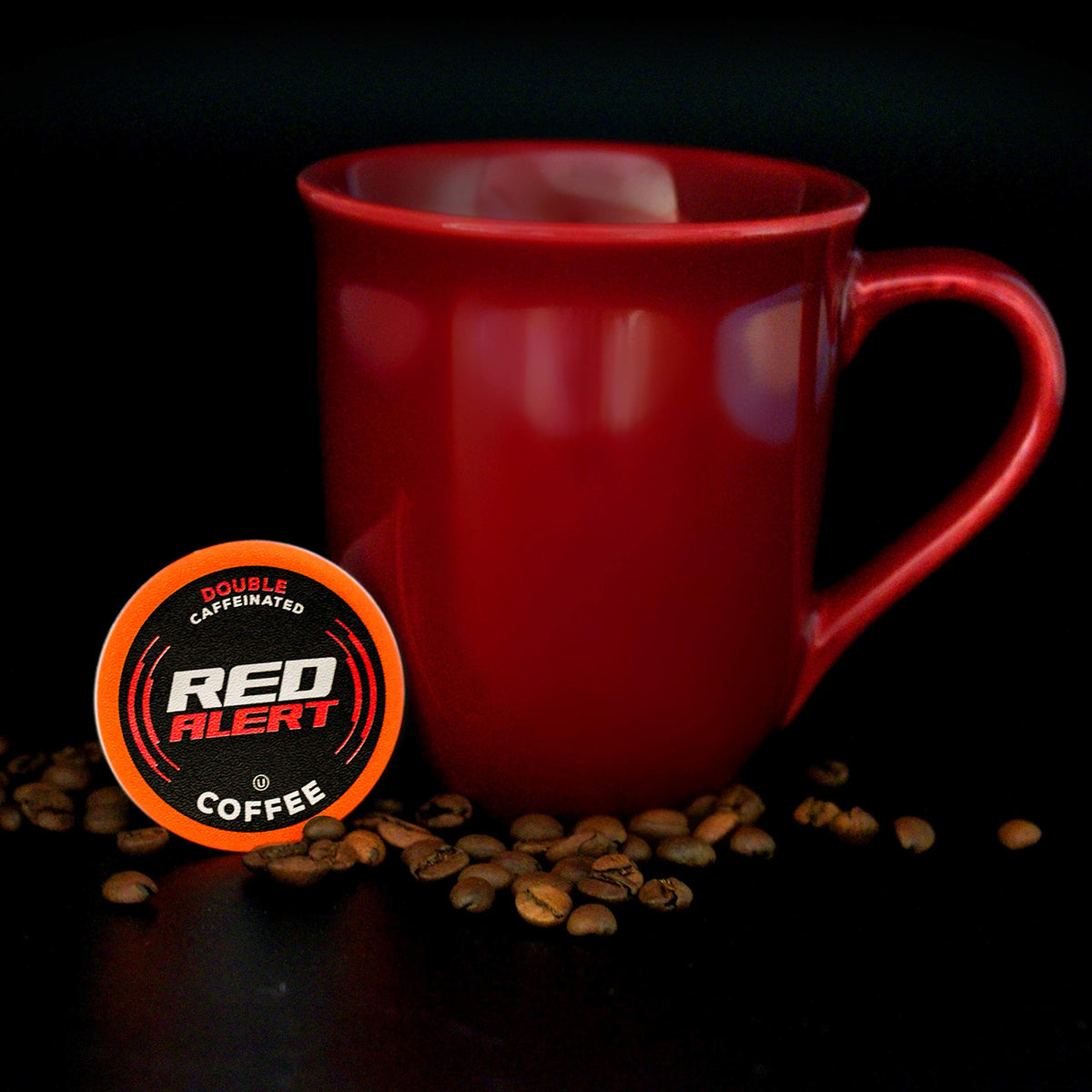 Brewed Red Alert coffee cup with intense aroma and energy